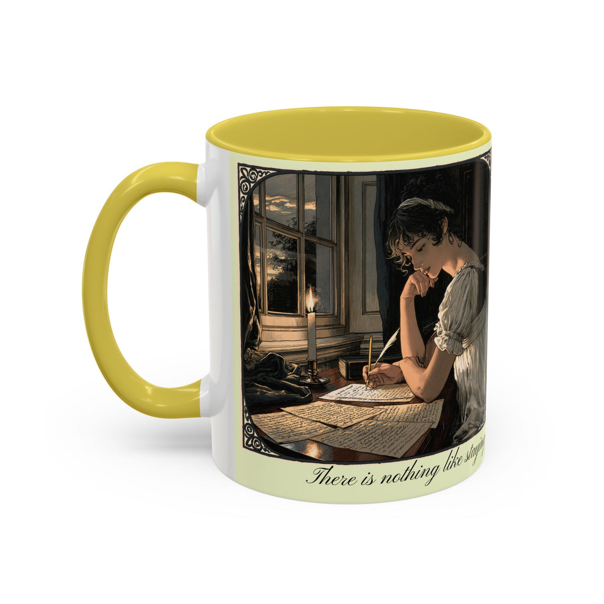 Regency Tea Quote Mug — 'Young Jane Austen Writing at Her Desk' Ceramic Coffee & Tea Cup (11oz/15oz)