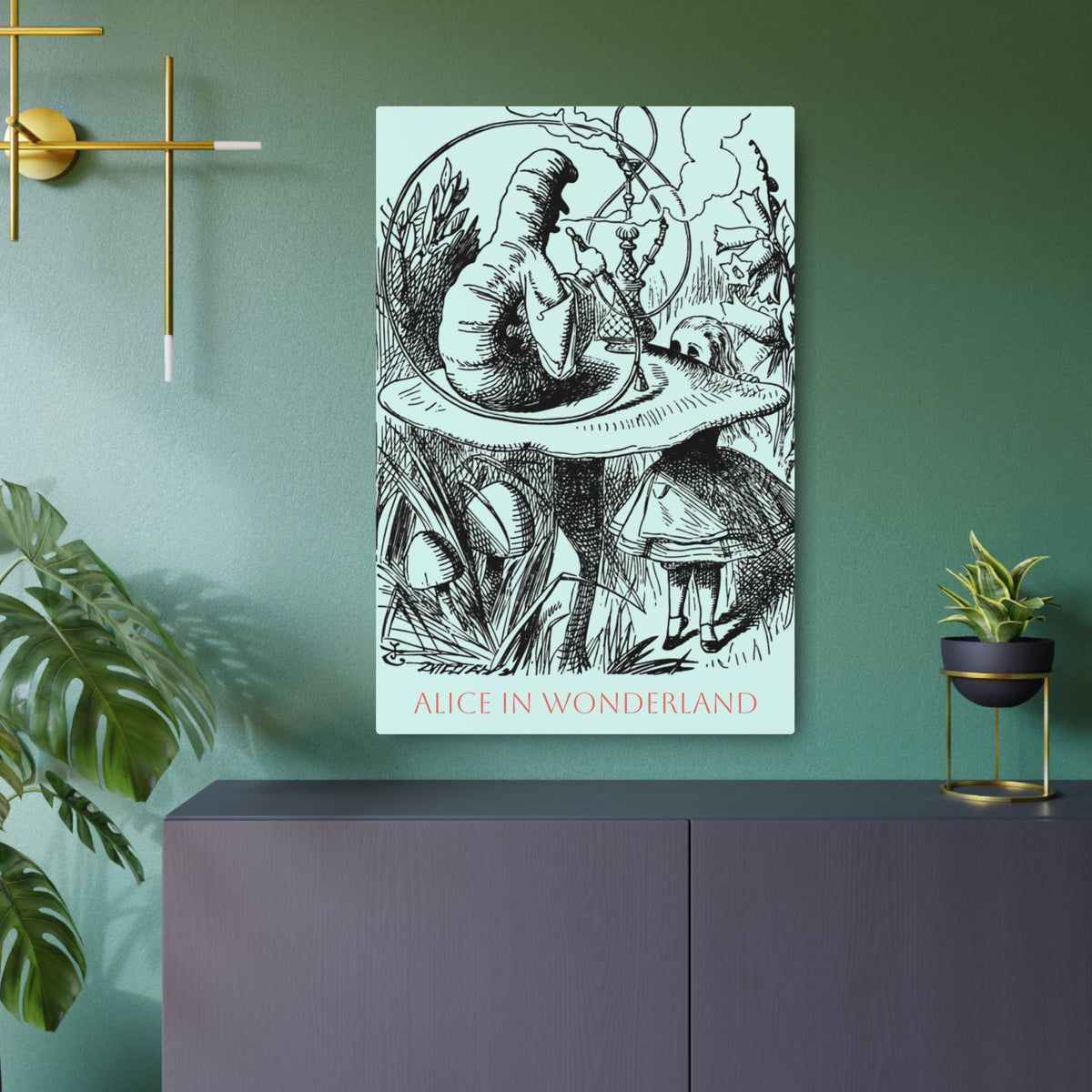 Caterpillar Smoking on Mushroom Alice in Wonderland Metal Art Print — Vintage Illustration Wall Plaque