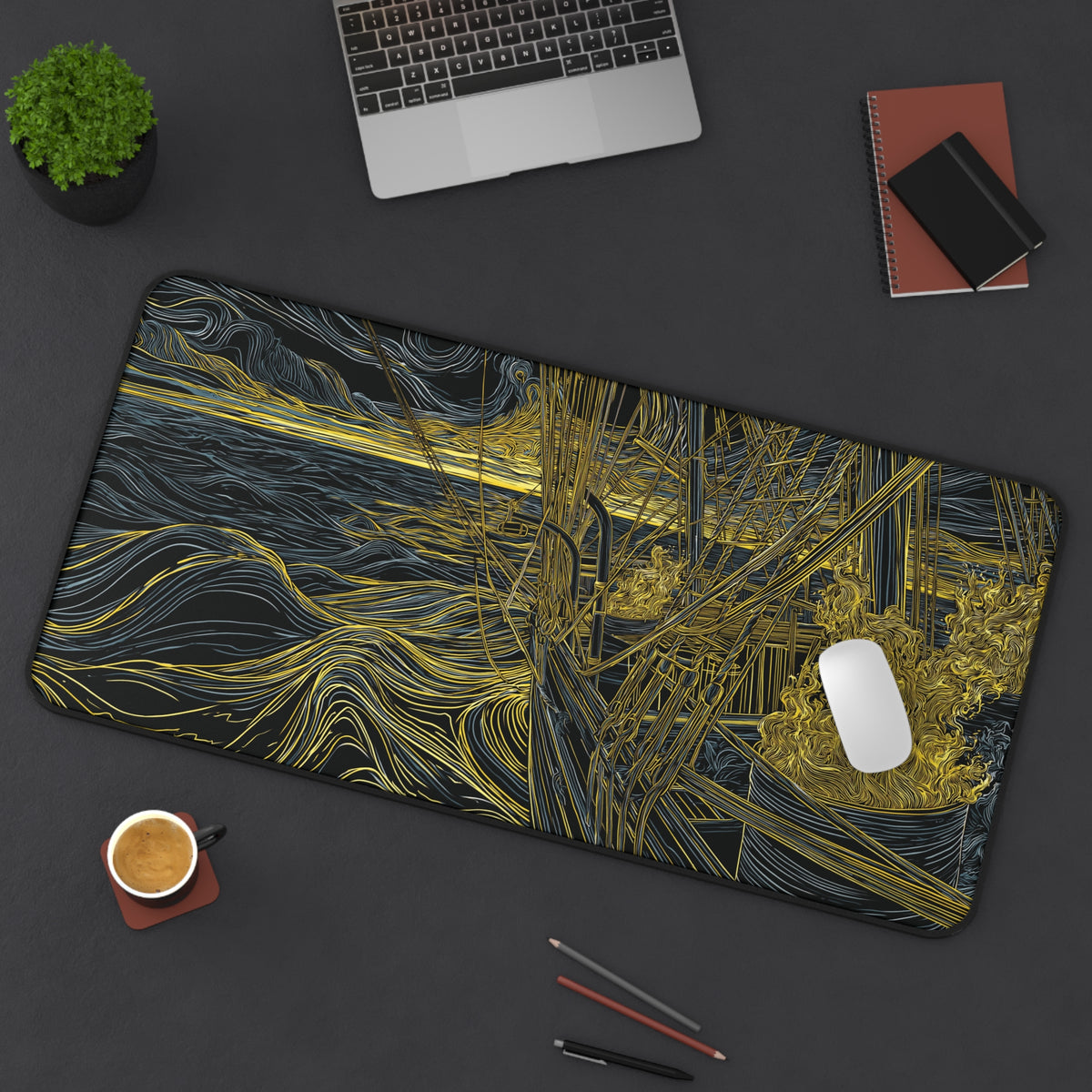 PEQUOD Illustration Desk Mat | Melville Inspired Nautical Wave Art