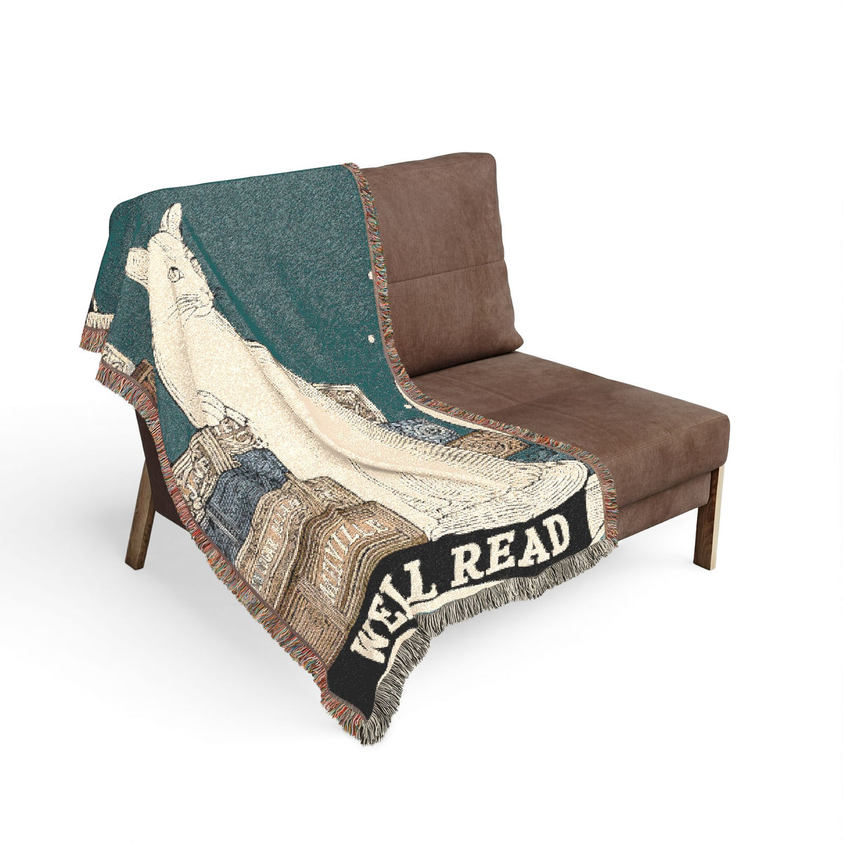 White Cat Library Motif Woven Blanket | Well Read Bookish Throw