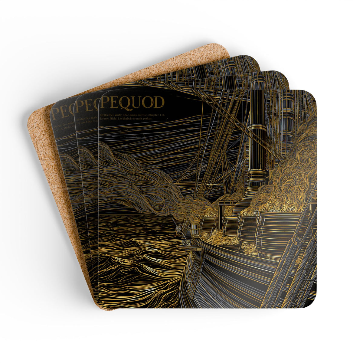 Nautical Moby-Dick Ship Coaster — Golden Line Art Cork Coaster Set