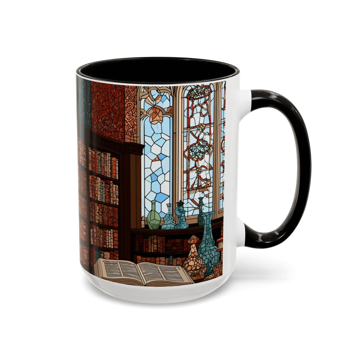 Cozy Library/Bookstore - Stained Glass Illustration Mug | Color Accent Ceramic Mug