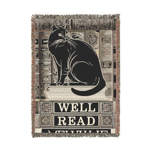 Black Cat Library Motif Woven Blanket | Well Read Bookish Throw
