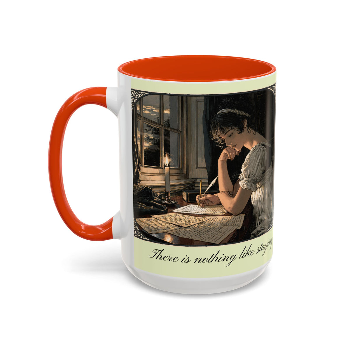 Regency Tea Quote Mug — 'Young Jane Austen Writing at Her Desk' Ceramic Coffee & Tea Cup (11oz/15oz)
