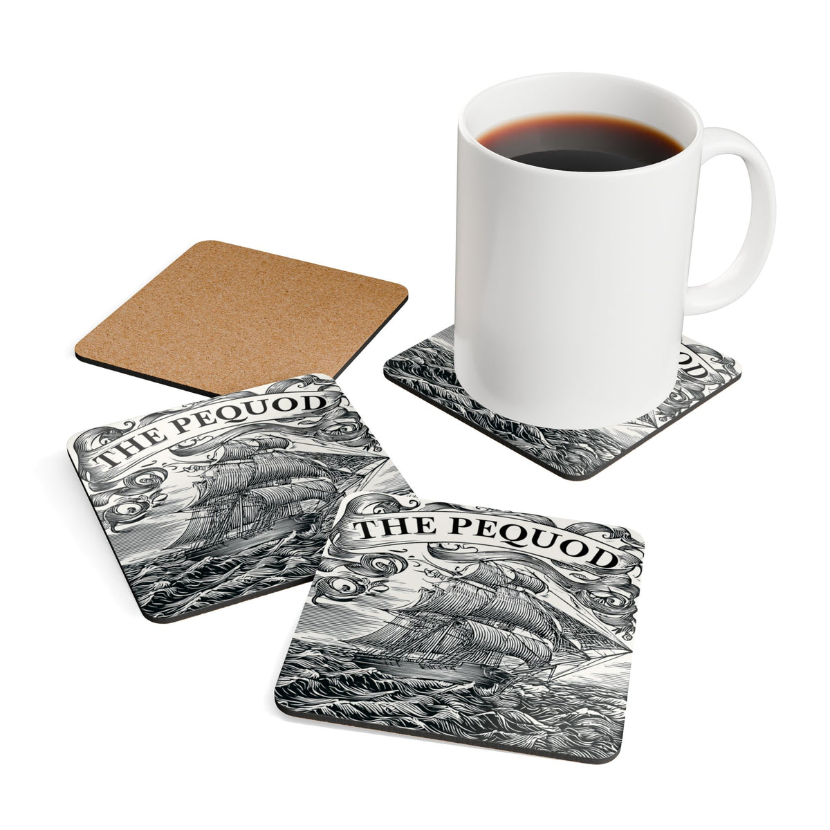 The Pequod Cork Coaster Set – Nautical Ship Illustration Drink Coasters (4-Pack)