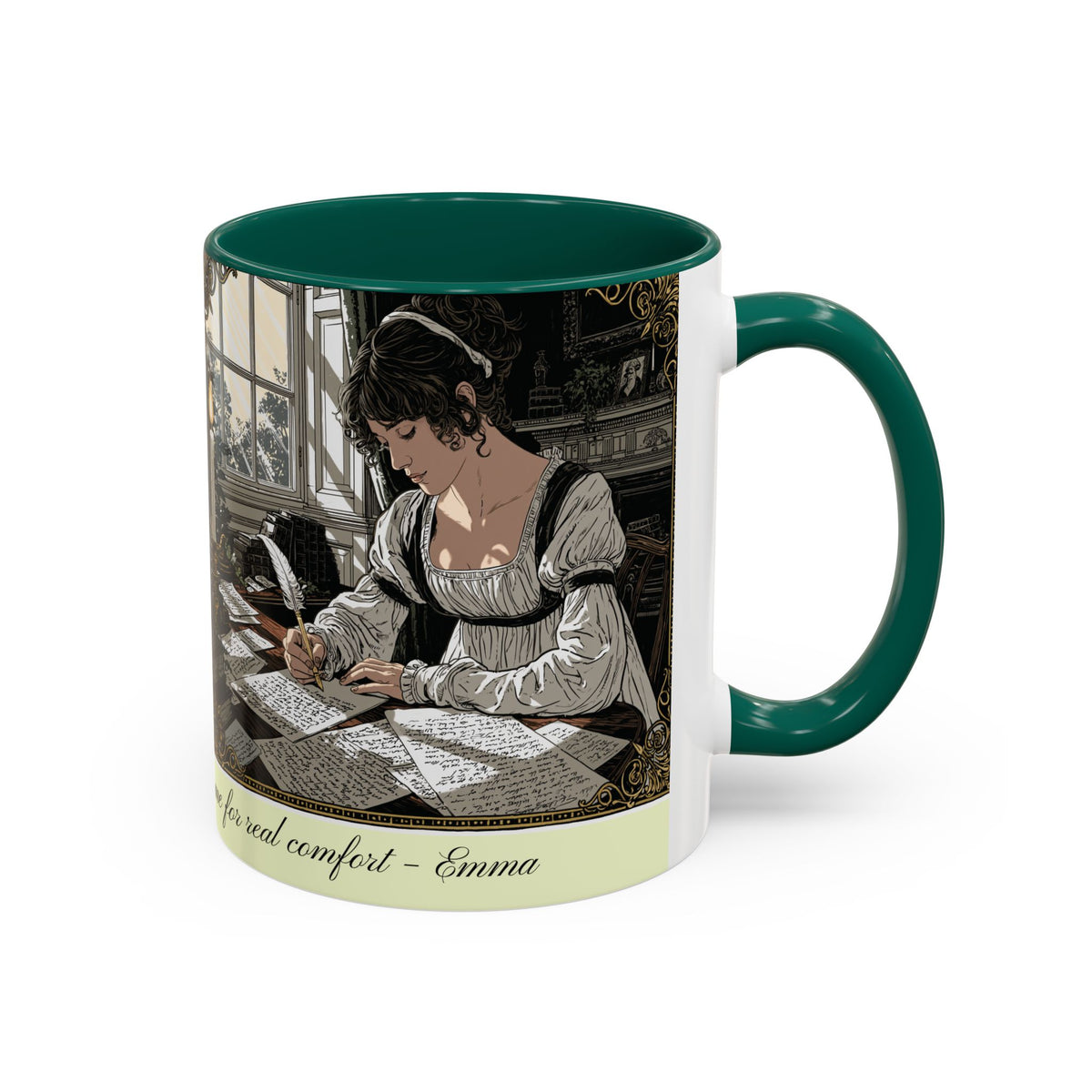 Regency Tea Quote Mug — 'Young Jane Austen Writing at Her Desk' Ceramic Coffee & Tea Cup (11oz/15oz)