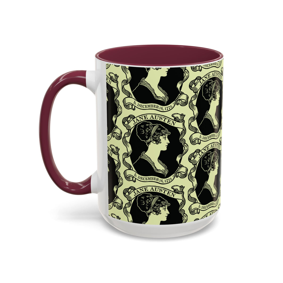 Jane Austen Cameo Pattern Coffee Mug — Literary Tea & Coffee Cup (11oz/15oz)