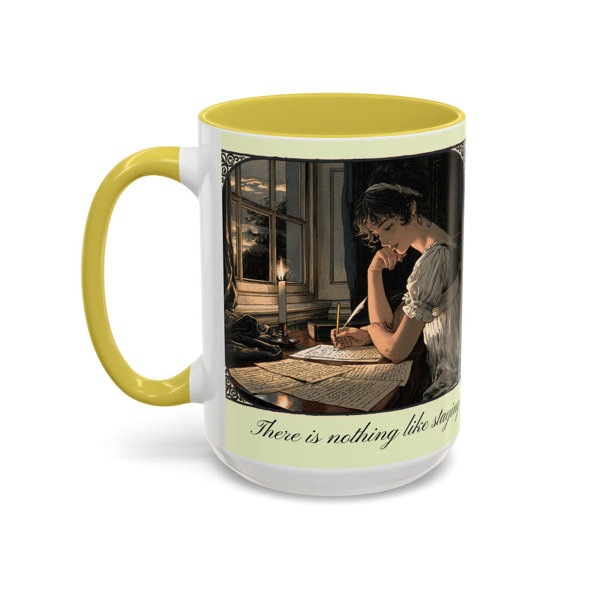 Regency Tea Quote Mug — 'Young Jane Austen Writing at Her Desk' Ceramic Coffee & Tea Cup (11oz/15oz)