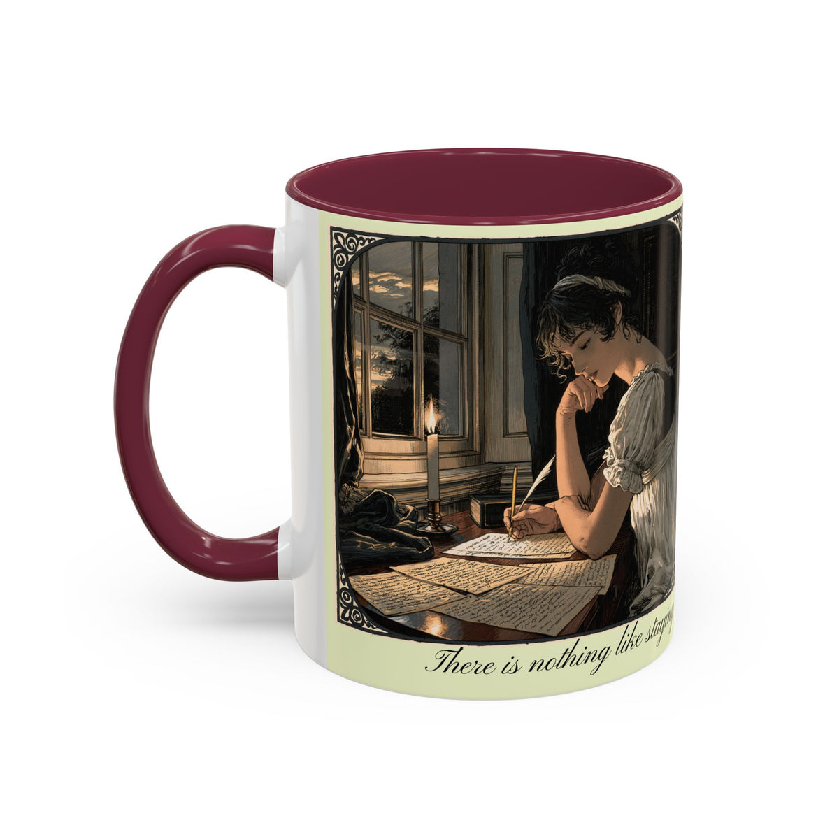 Regency Tea Quote Mug — 'Young Jane Austen Writing at Her Desk' Ceramic Coffee & Tea Cup (11oz/15oz)
