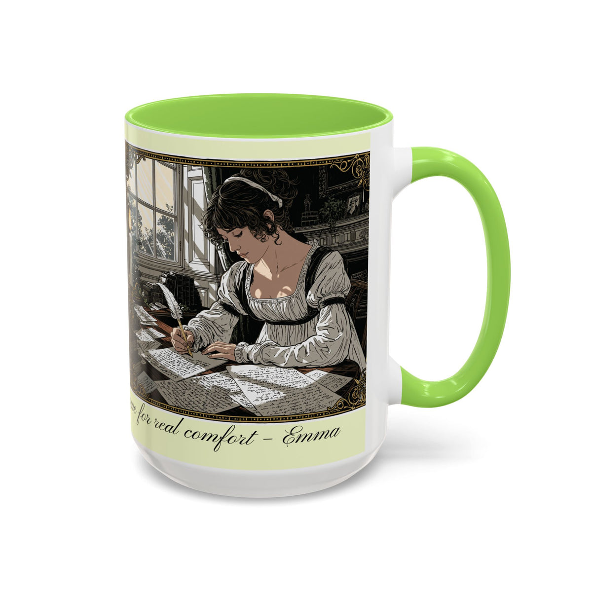 Regency Tea Quote Mug — 'Young Jane Austen Writing at Her Desk' Ceramic Coffee & Tea Cup (11oz/15oz)
