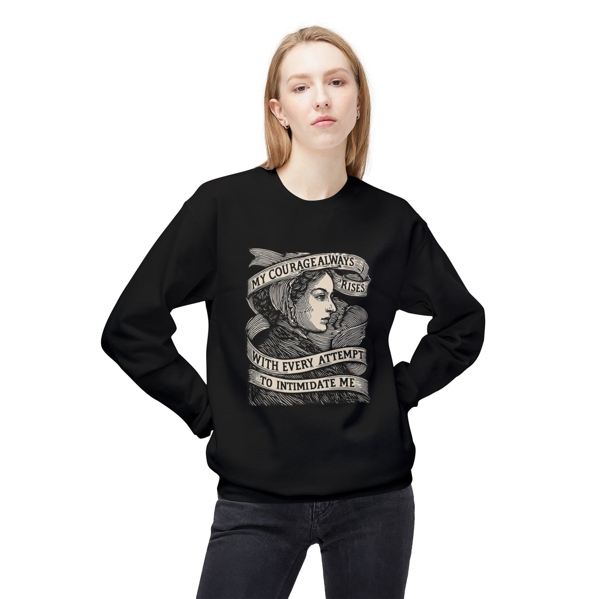 Courage Rises Crewneck Sweatshirt — Vintage Feminist Quote Graphic