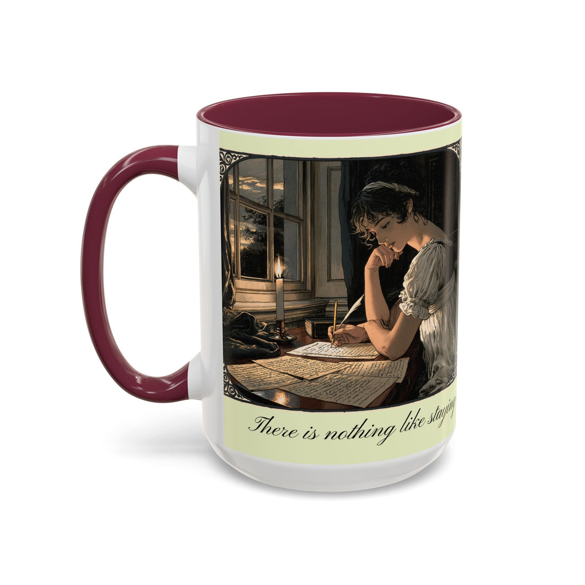 Regency Tea Quote Mug — 'Young Jane Austen Writing at Her Desk' Ceramic Coffee & Tea Cup (11oz/15oz)
