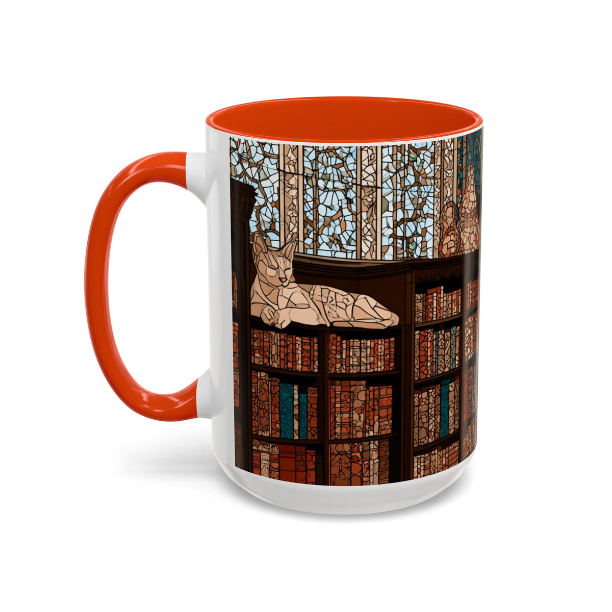 Cozy Library/Bookstore - Stained Glass Illustration Mug | Color Accent Ceramic Mug