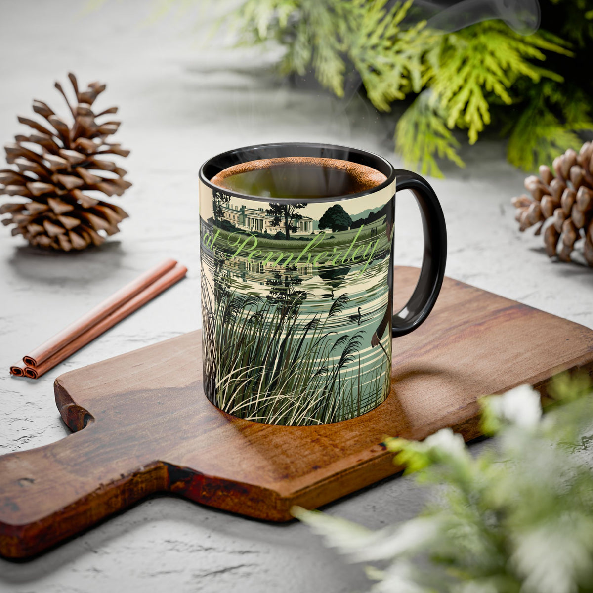 Strolling Lakeside with Mr. Darcy  —  Scenic Lakeside Vintage Gentleman Mug (11oz & 15oz)