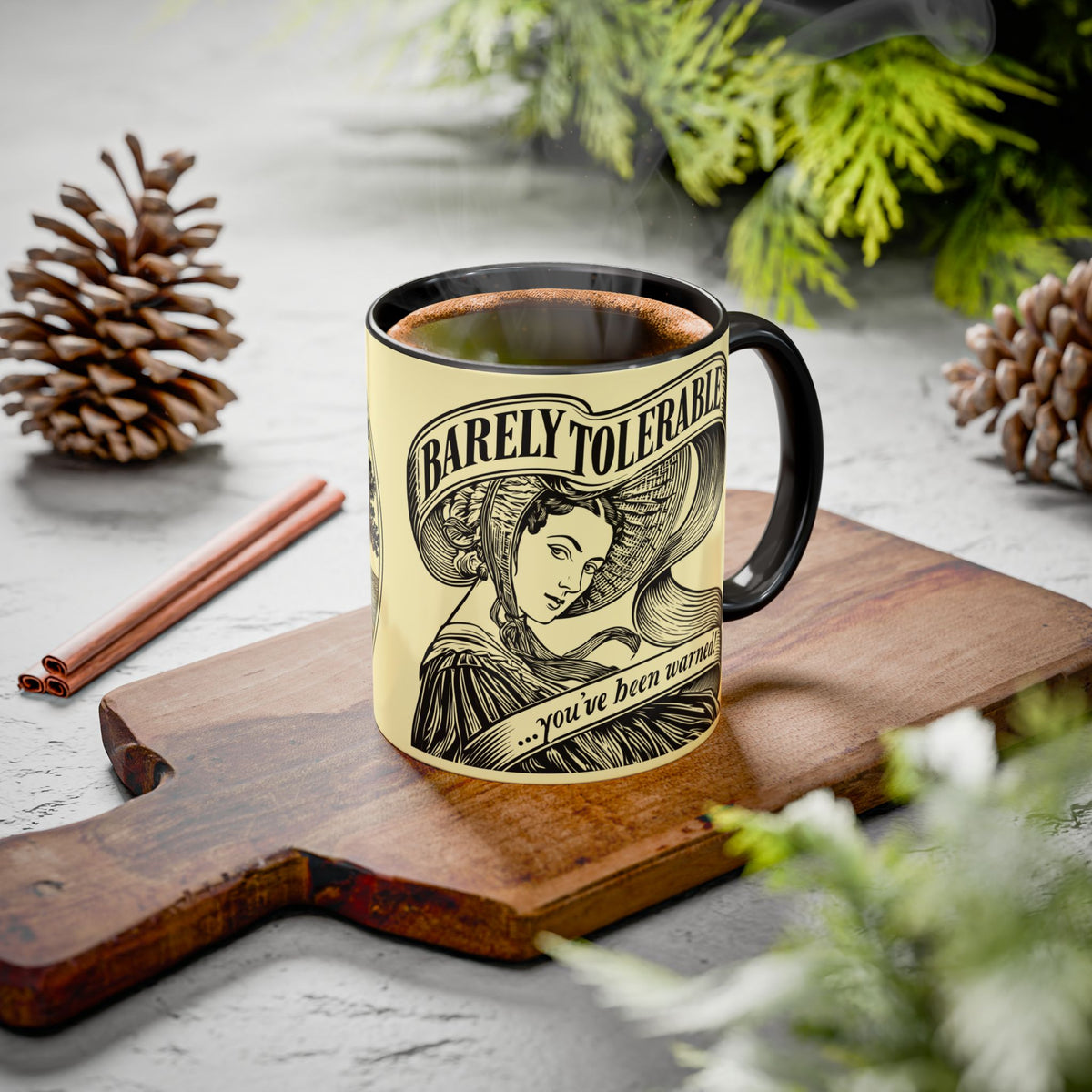 Vintage 'Barely Tolerable' Illustration Coffee Mug (11oz/15oz)