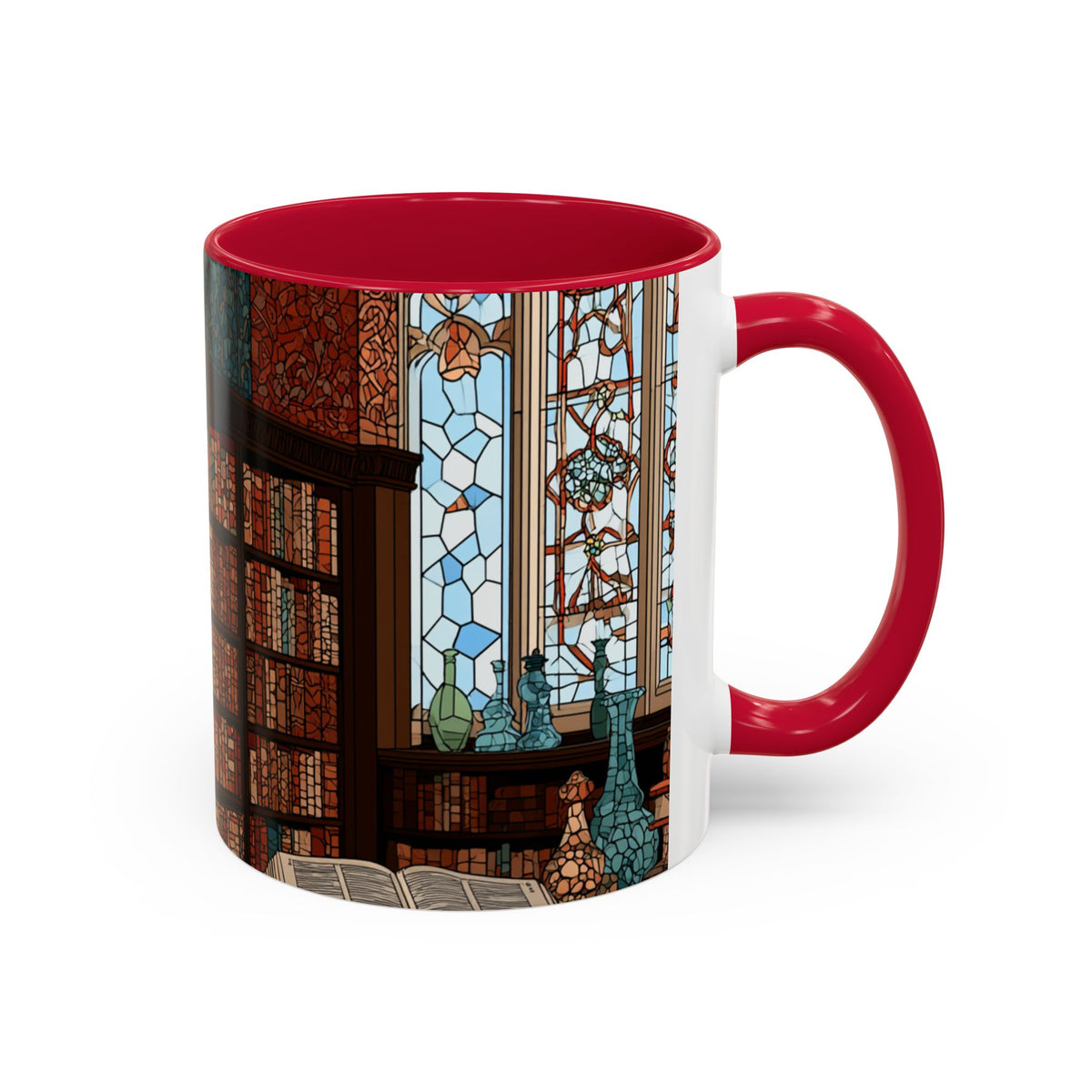 Cozy Library/Bookstore - Stained Glass Illustration Mug | Color Accent Ceramic Mug