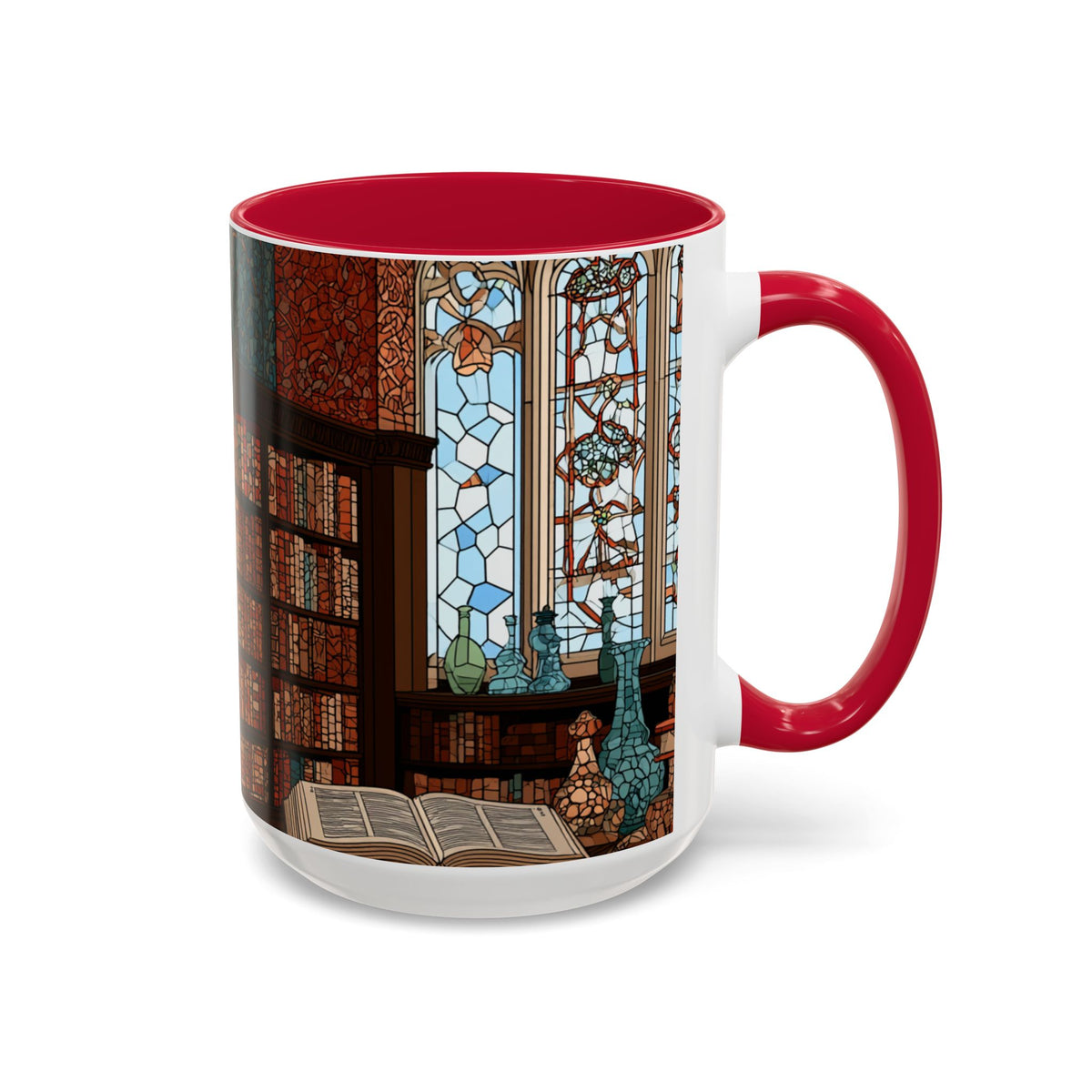 Cozy Library/Bookstore - Stained Glass Illustration Mug | Color Accent Ceramic Mug