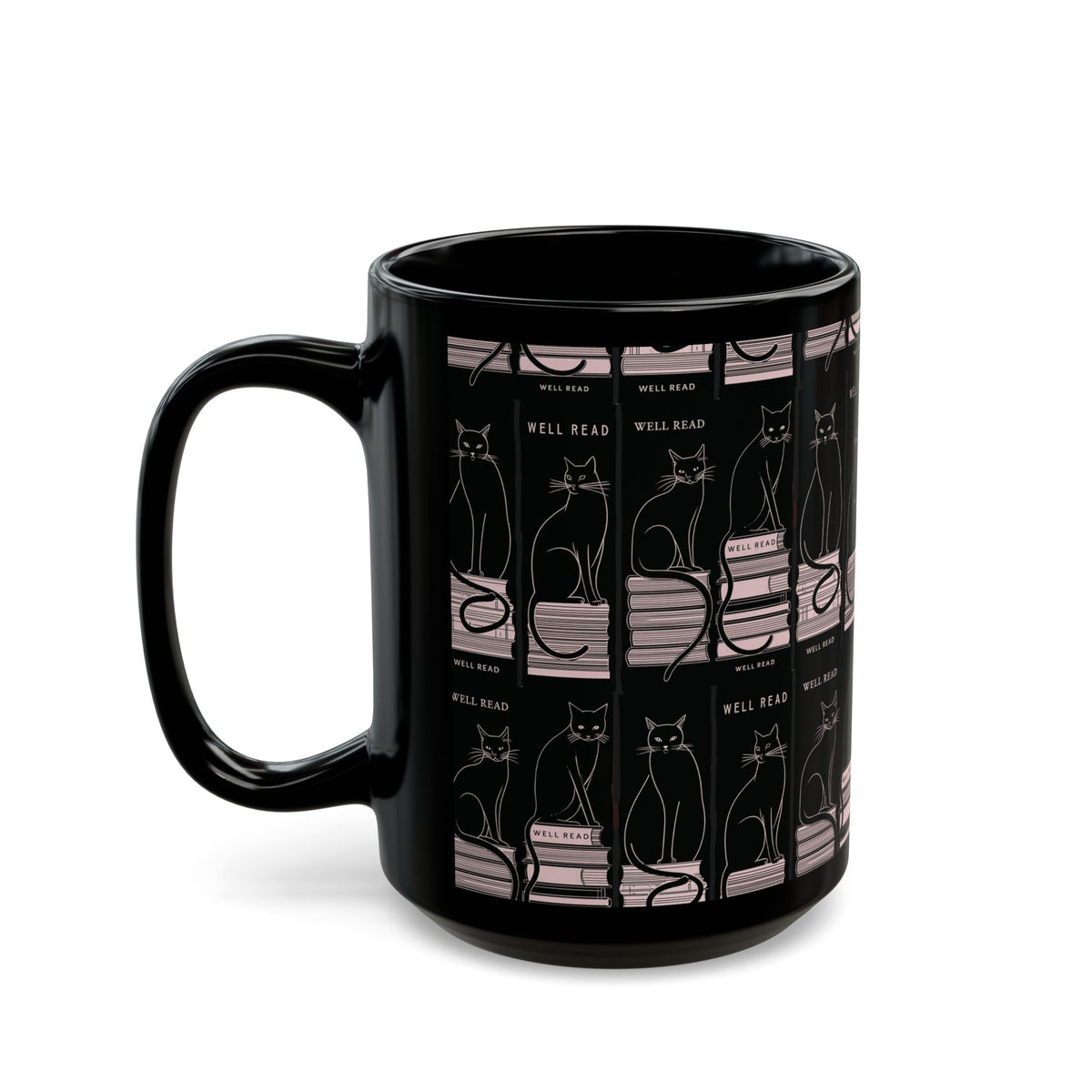 Bookish Black Cat Mug | Reading Cats Pattern on Black Ceramic Mug