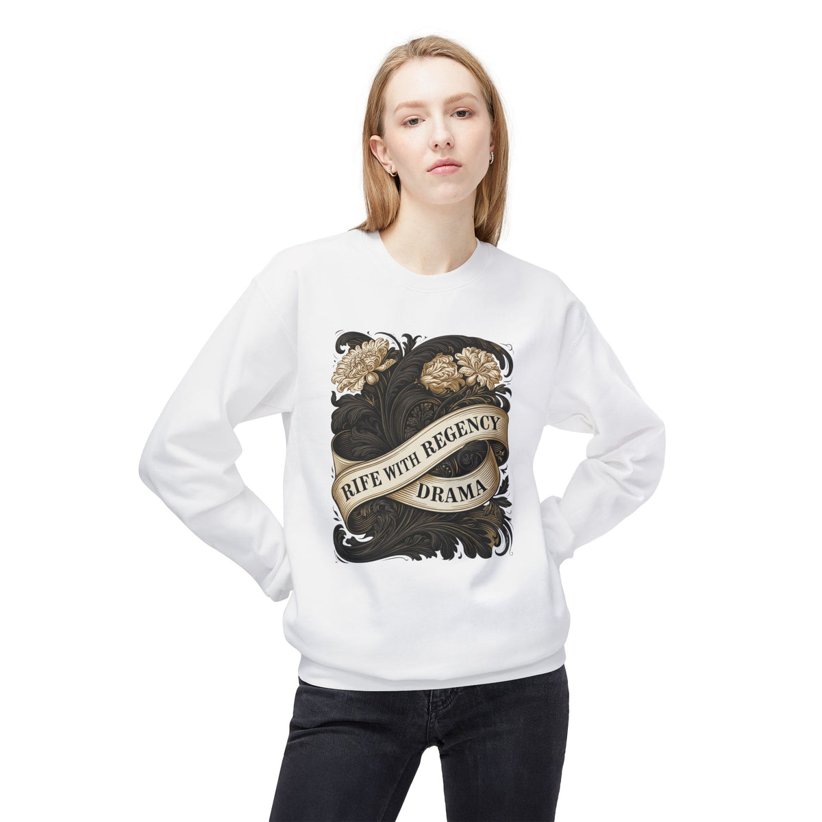 Regency Drama Crewneck Sweatshirt — "Rife With Regency Drama" Vintage Floral Graphic