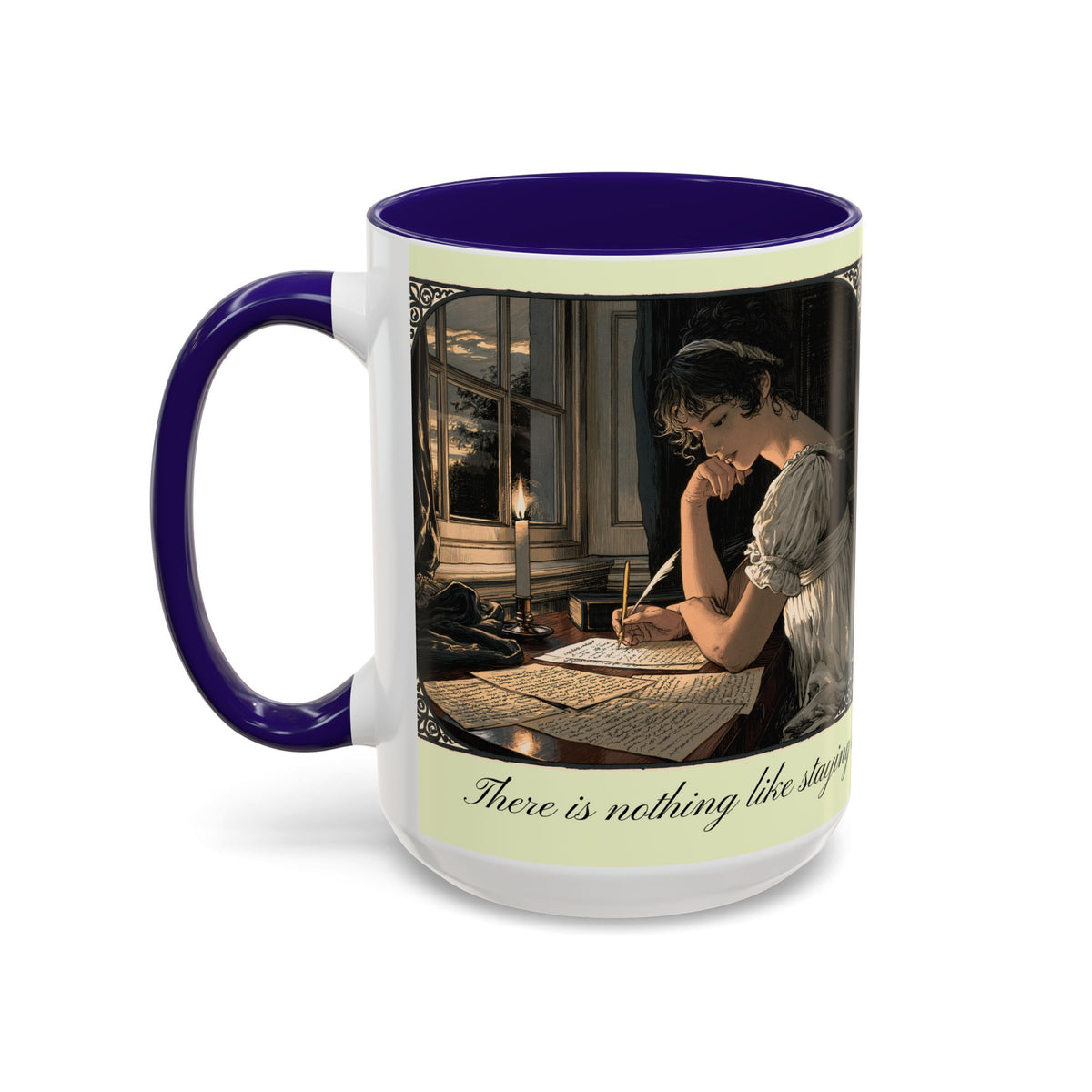 Regency Tea Quote Mug — 'Young Jane Austen Writing at Her Desk' Ceramic Coffee & Tea Cup (11oz/15oz)