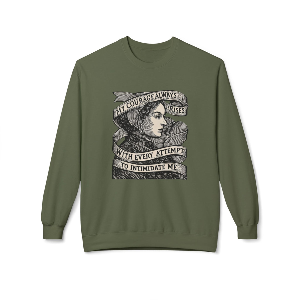 Courage Rises Crewneck Sweatshirt — Vintage Feminist Quote Graphic