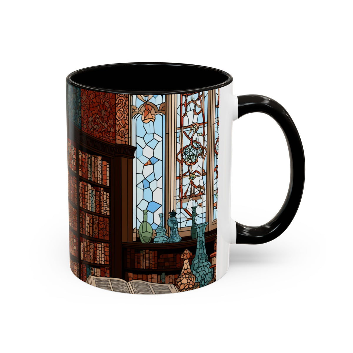 Cozy Library/Bookstore - Stained Glass Illustration Mug | Color Accent Ceramic Mug