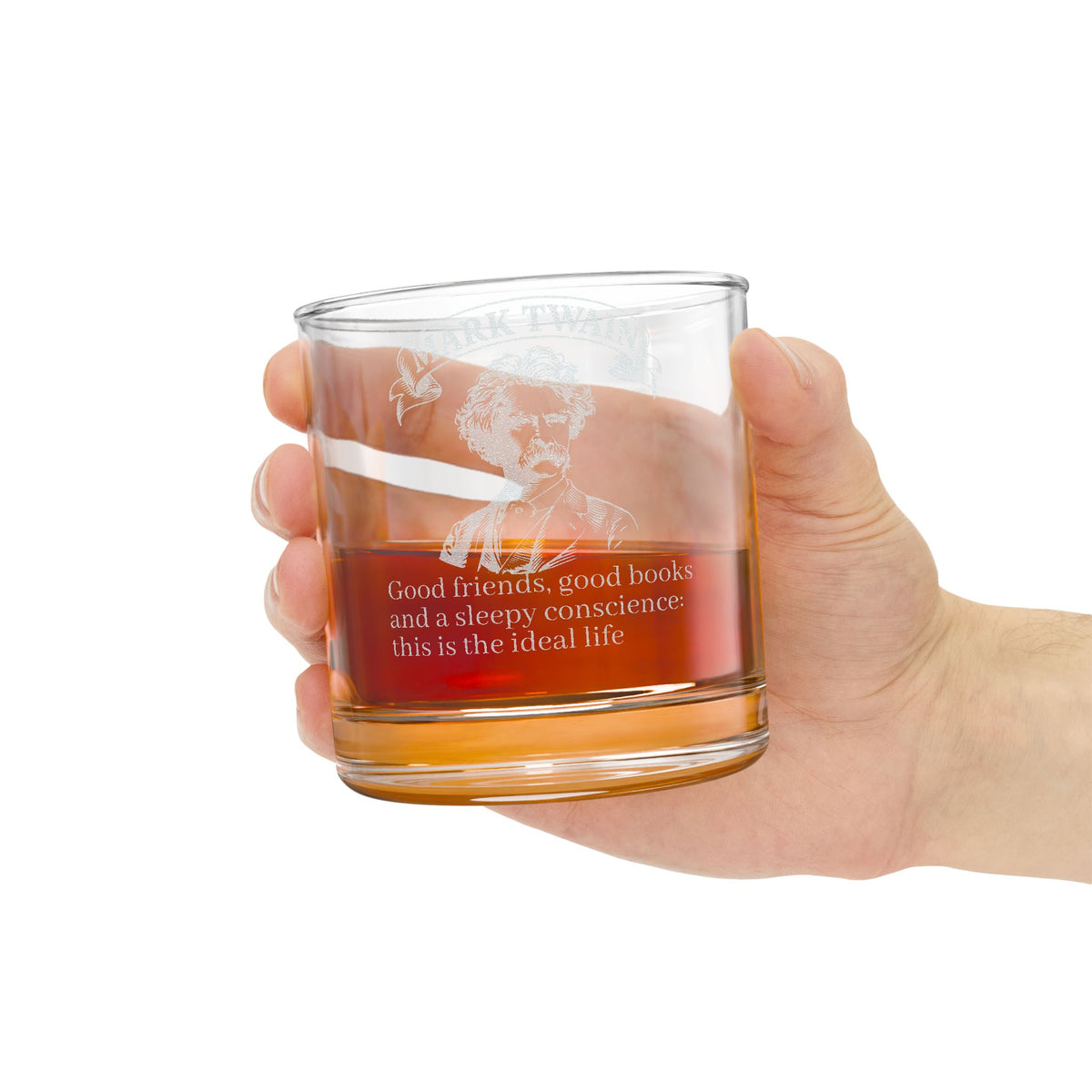 Mark Twain Engraved Whiskey Glass — "Good Friends, Good Books..." 10.5 oz Rocks Glass