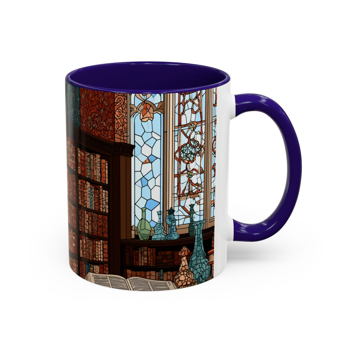 Cozy Library/Bookstore - Stained Glass Illustration Mug | Color Accent Ceramic Mug
