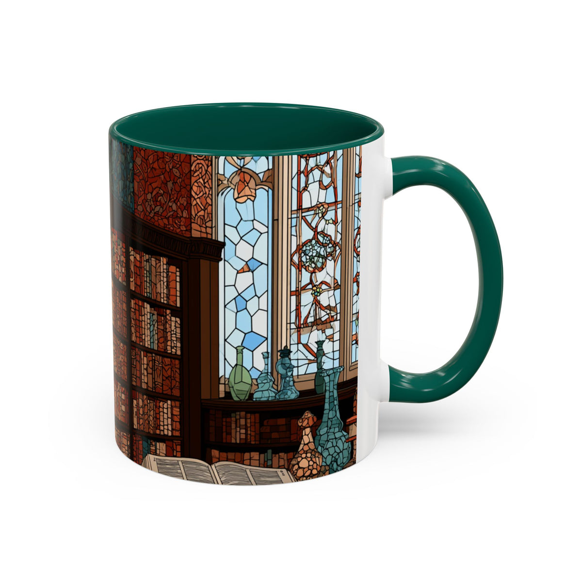 Cozy Library/Bookstore - Stained Glass Illustration Mug | Color Accent Ceramic Mug