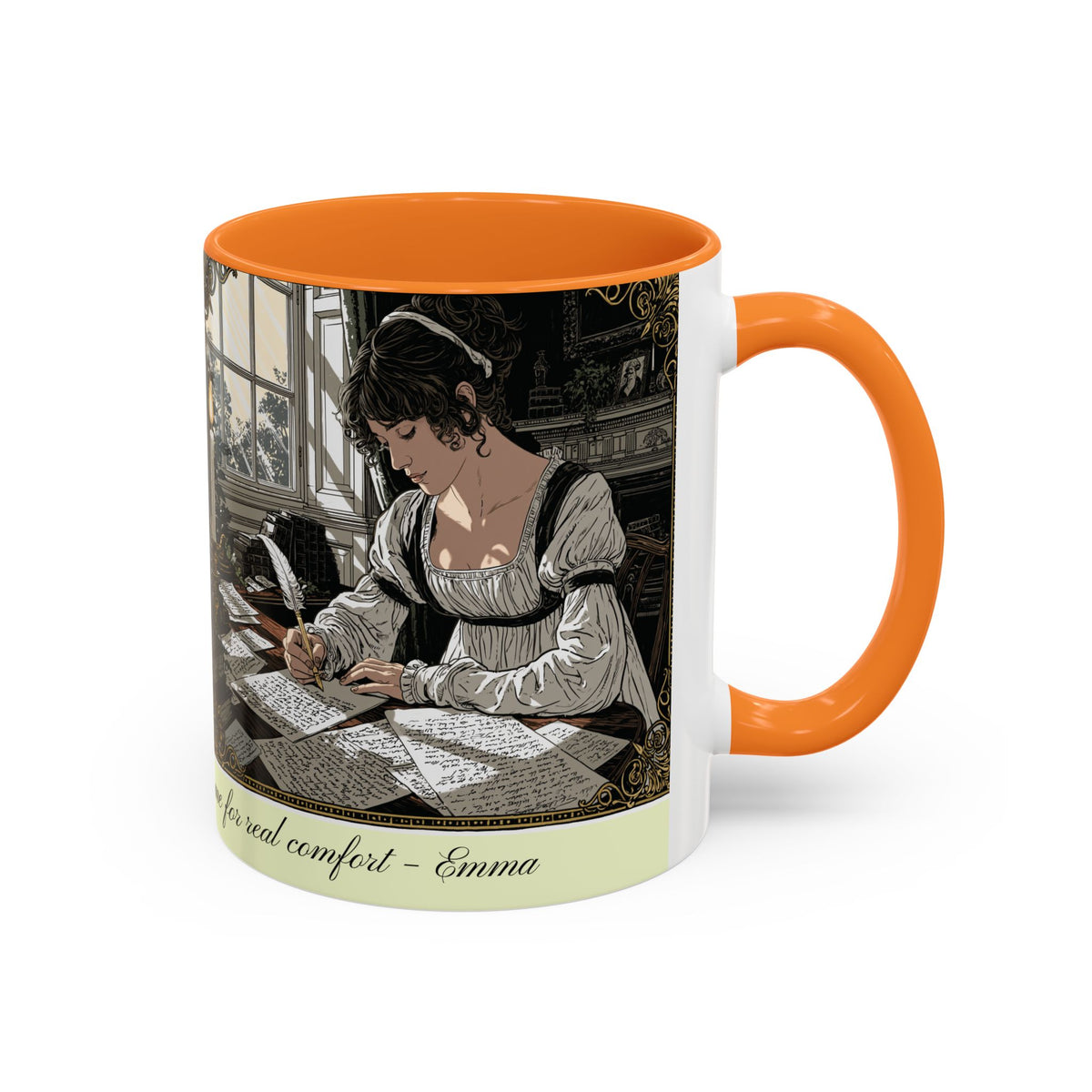 Regency Tea Quote Mug — 'Young Jane Austen Writing at Her Desk' Ceramic Coffee & Tea Cup (11oz/15oz)