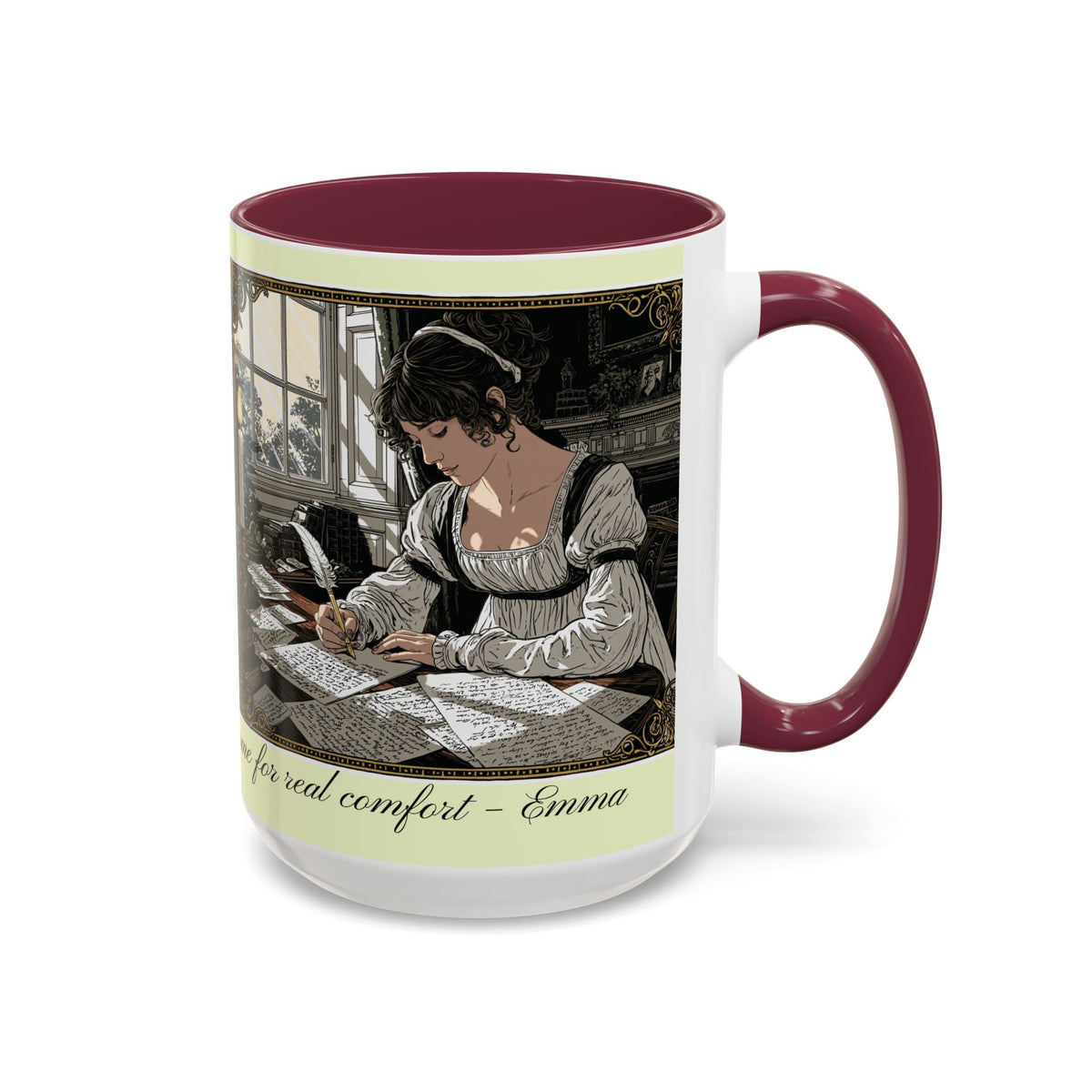 Regency Tea Quote Mug — 'Young Jane Austen Writing at Her Desk' Ceramic Coffee & Tea Cup (11oz/15oz)