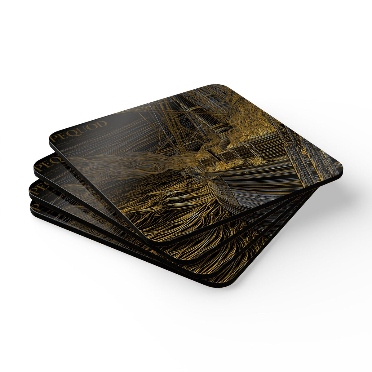 Nautical Moby-Dick Ship Coaster — Golden Line Art Cork Coaster Set