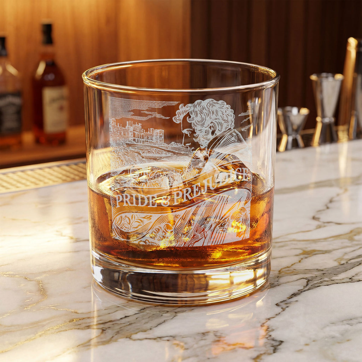 Jane Austen Inspired  Whiskey Glass – 10.5 oz Classic Rocks Tumbler - Pride & Prejudice