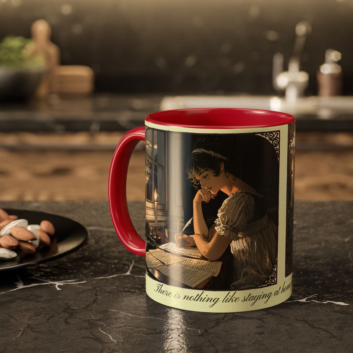Regency Tea Quote Mug — 'Young Jane Austen Writing at Her Desk' Ceramic Coffee & Tea Cup (11oz/15oz)