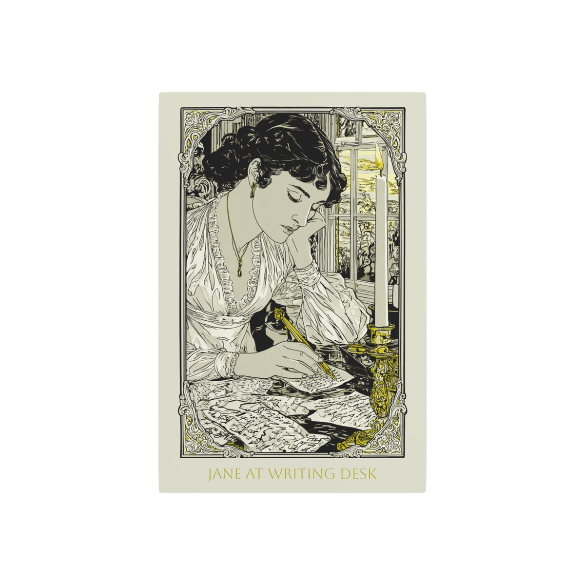 Metal Art Print — "Jane at Writing Desk" Vintage Art Nouveau Wall Plaque