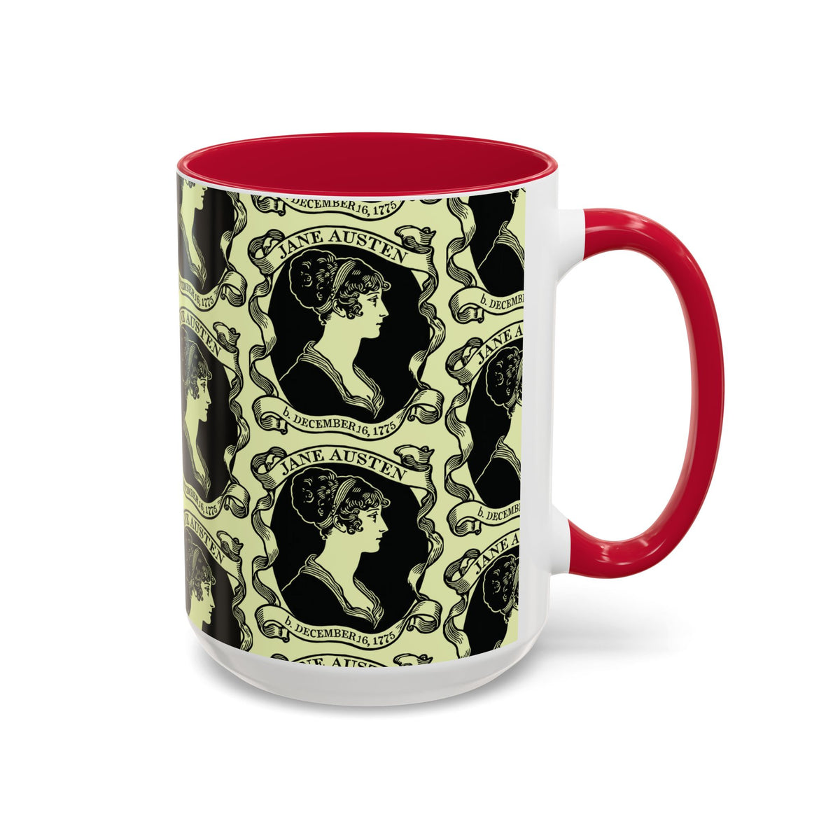 Jane Austen Cameo Pattern Coffee Mug — Literary Tea & Coffee Cup (11oz/15oz)