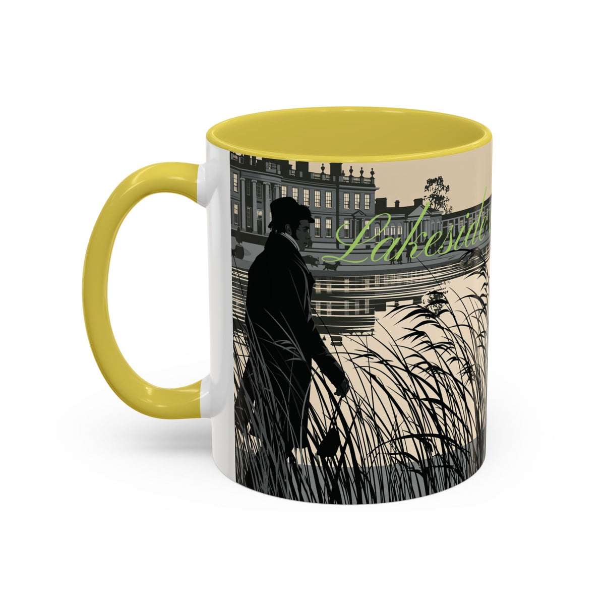 Strolling Lakeside with Mr. Darcy  —  Scenic Lakeside Vintage Gentleman Mug (11oz & 15oz)