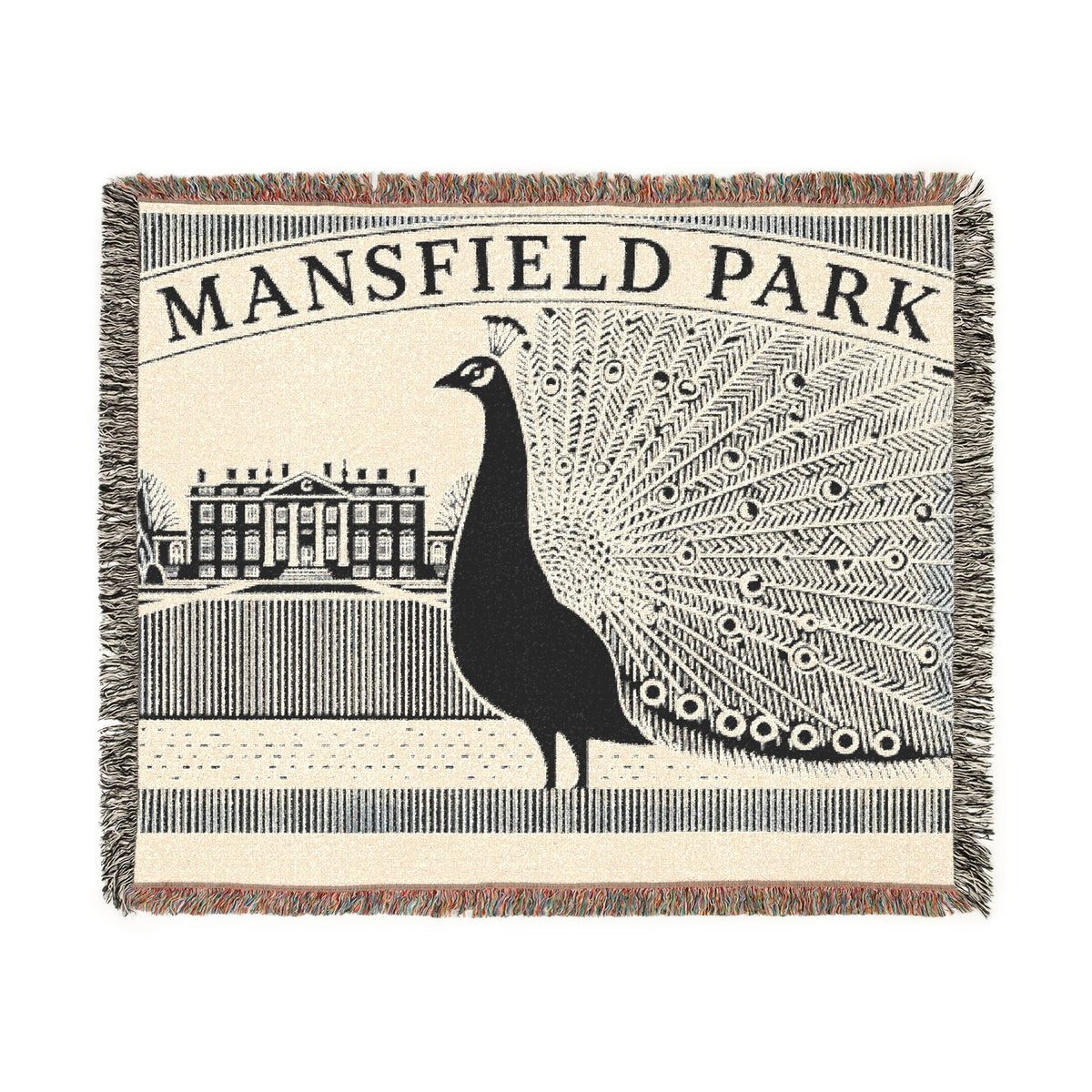 Mansfield ParkPeacock Illustration Woven Blanket | Mansfield Park Literary Tapestry Throw