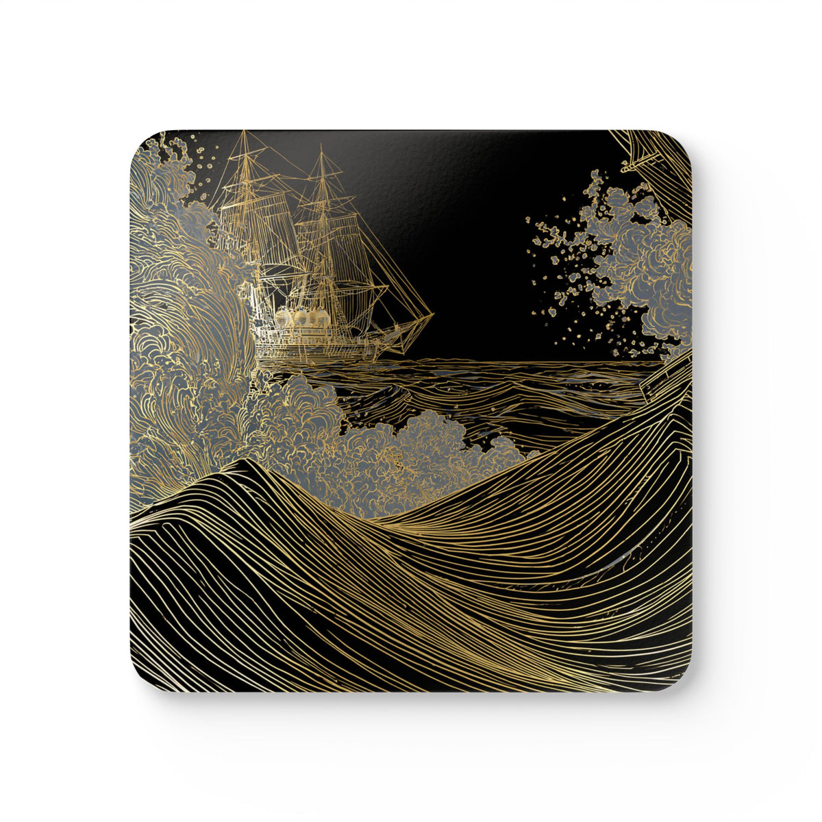 Nautical Gold Wave Cork Coaster Set — 'Pequod' Ship & Ocean Drink Coasters
