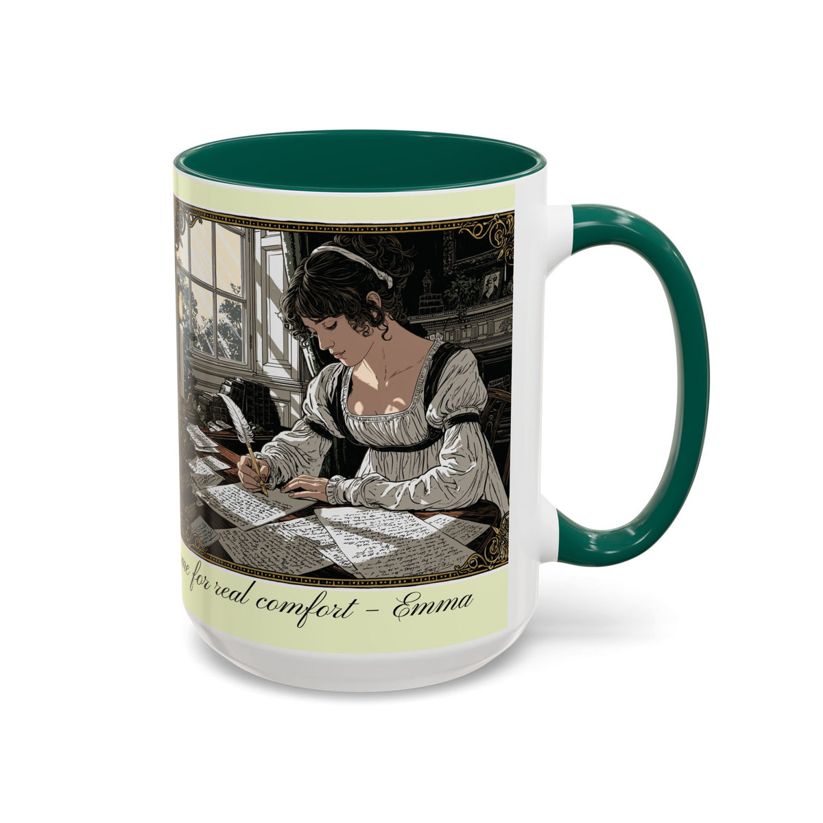 Regency Tea Quote Mug — 'Young Jane Austen Writing at Her Desk' Ceramic Coffee & Tea Cup (11oz/15oz)