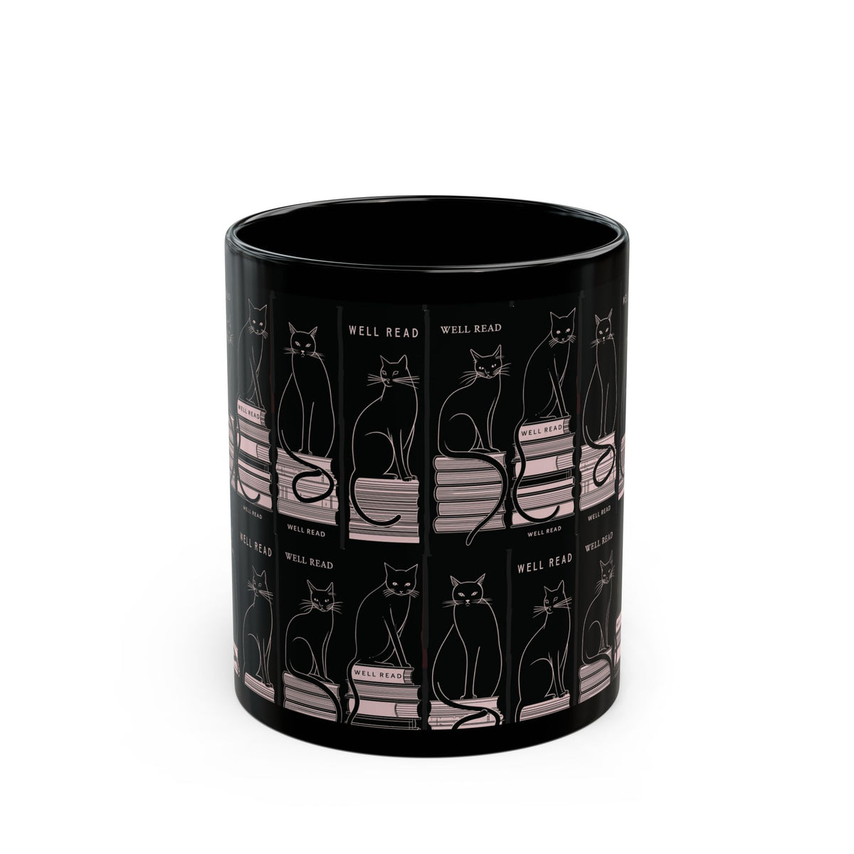 Bookish Black Cat Mug | Reading Cats Pattern on Black Ceramic Mug