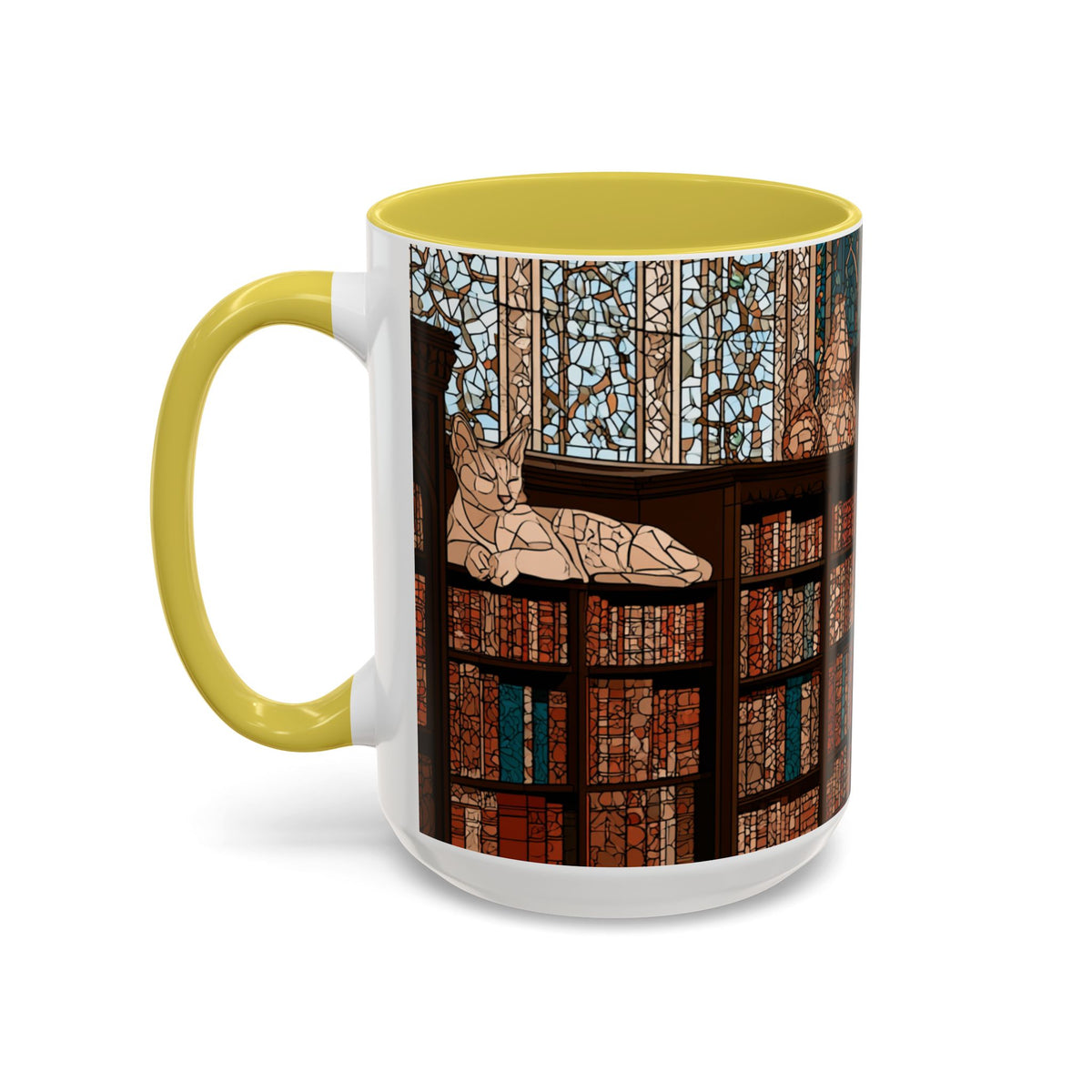 Cozy Library/Bookstore - Stained Glass Illustration Mug | Color Accent Ceramic Mug