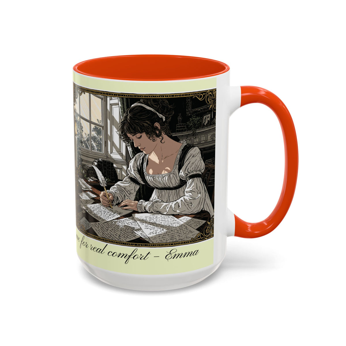 Regency Tea Quote Mug — 'Young Jane Austen Writing at Her Desk' Ceramic Coffee & Tea Cup (11oz/15oz)
