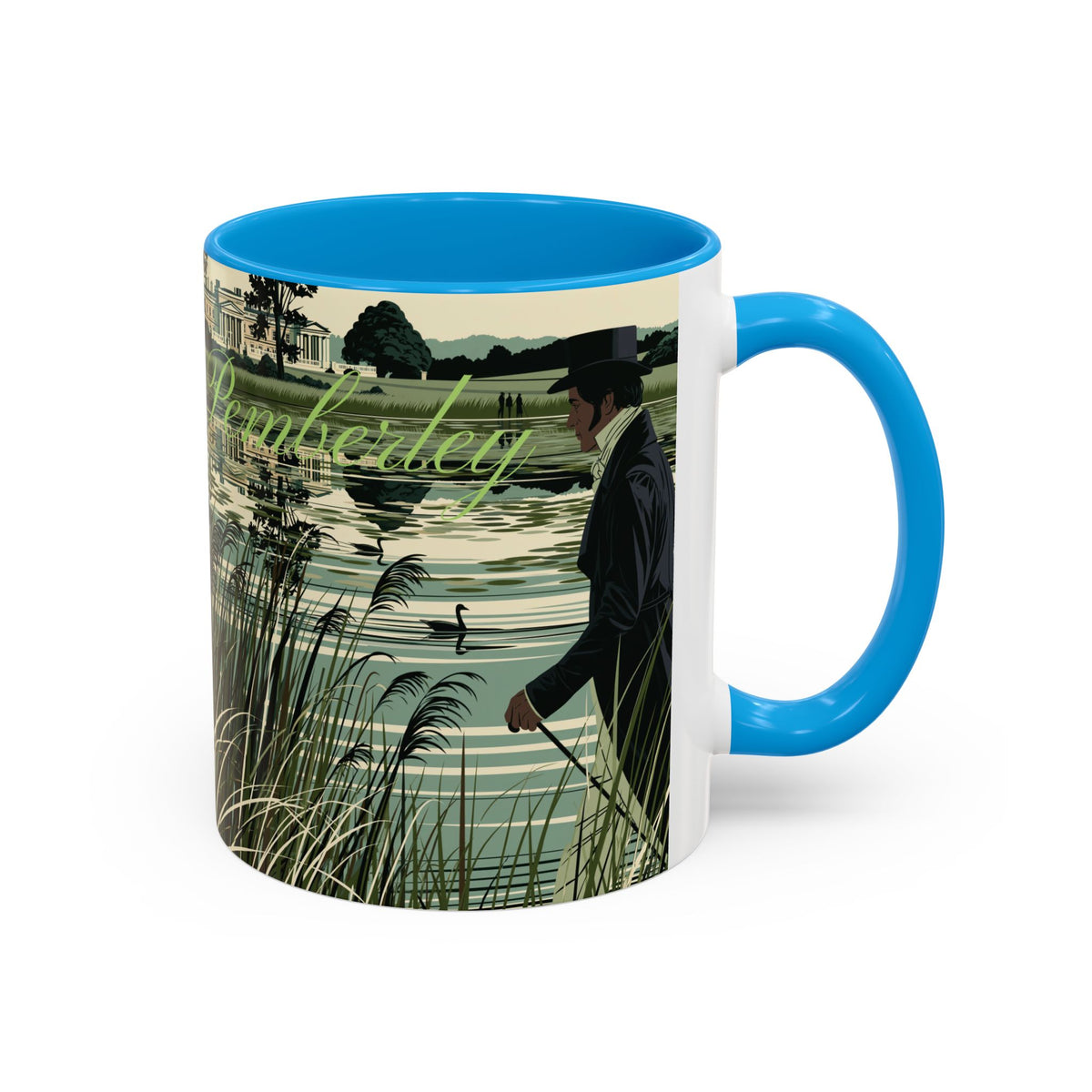 Strolling Lakeside with Mr. Darcy  —  Scenic Lakeside Vintage Gentleman Mug (11oz & 15oz)