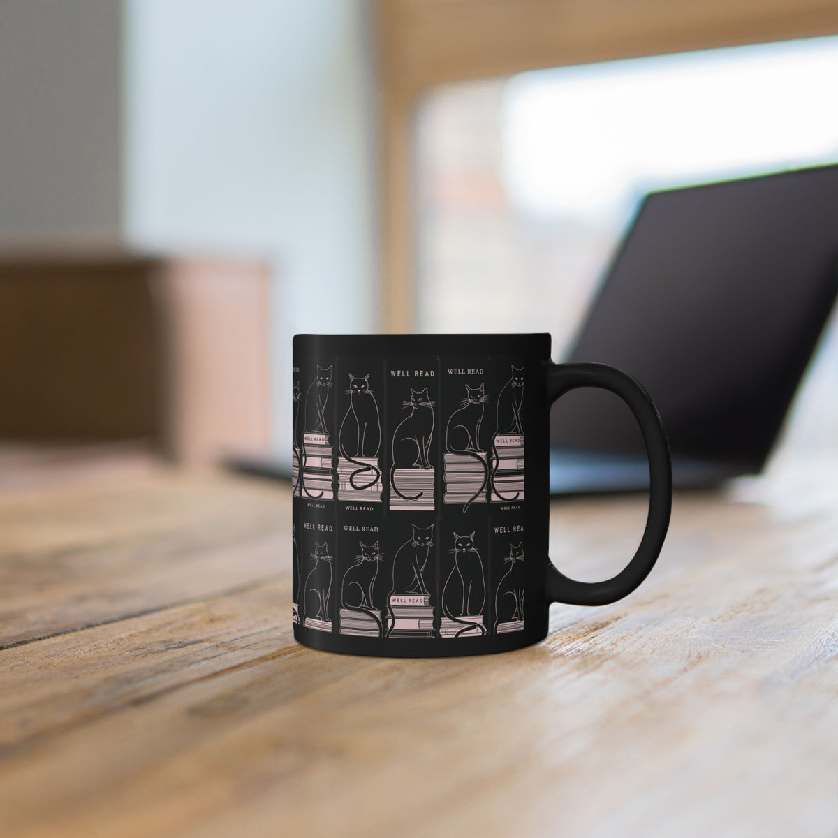 Bookish Black Cat Mug | Reading Cats Pattern on Black Ceramic Mug