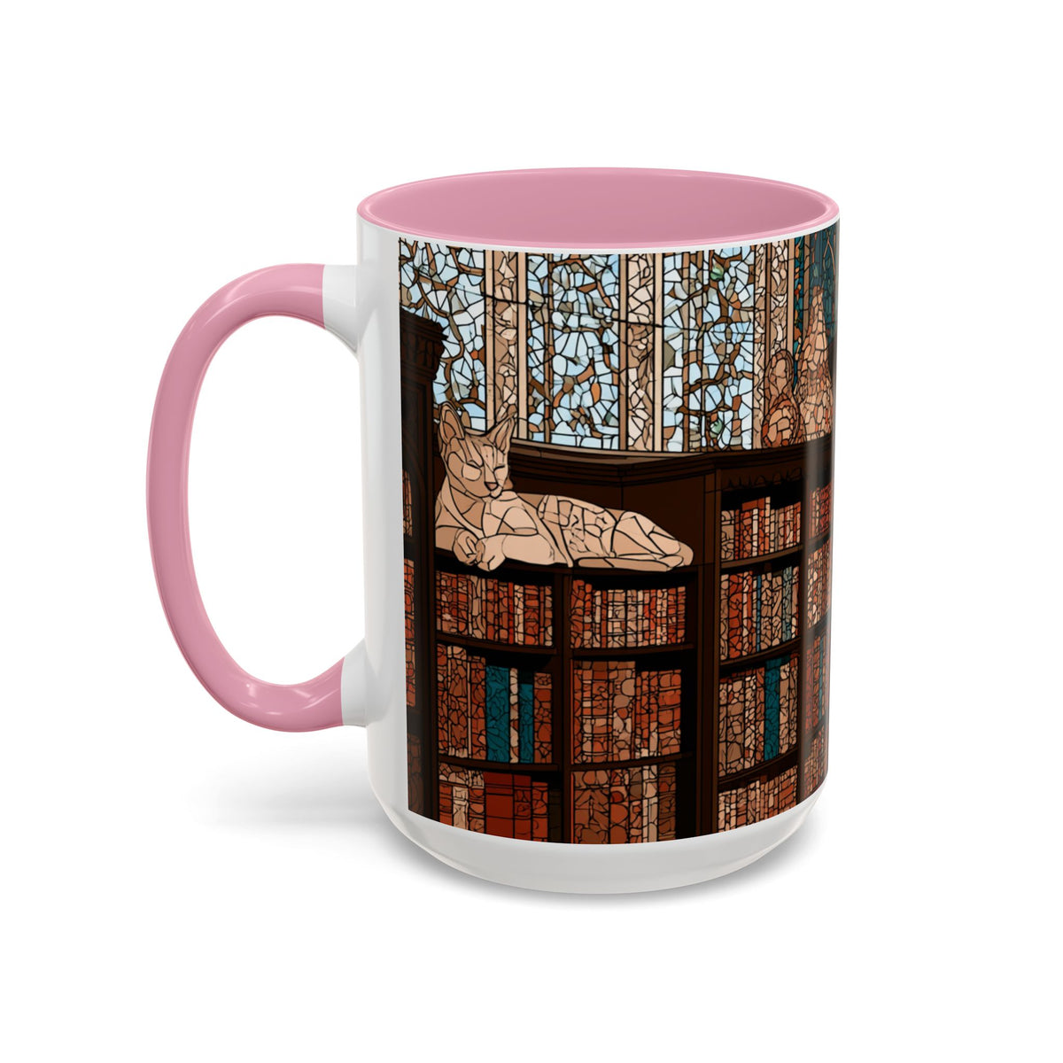 Cozy Library/Bookstore - Stained Glass Illustration Mug | Color Accent Ceramic Mug