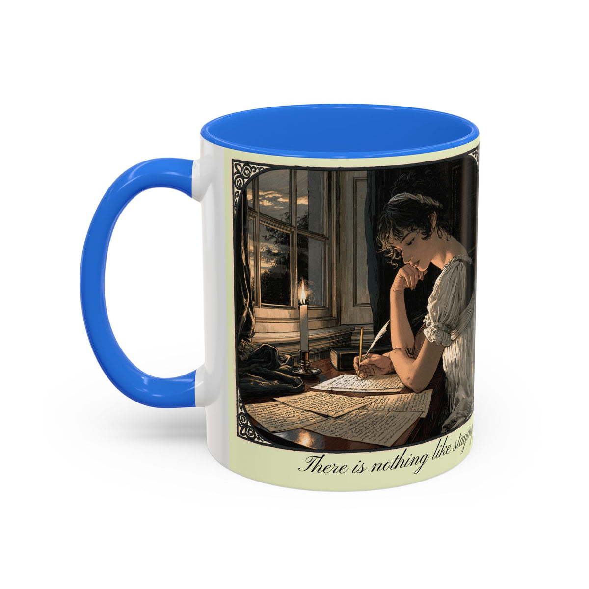 Regency Tea Quote Mug — 'Young Jane Austen Writing at Her Desk' Ceramic Coffee & Tea Cup (11oz/15oz)