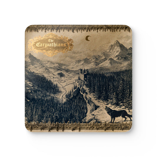 Carpathians Vintage Map Cork Coaster Set — Sepia Mountain Landscape Drink Coasters