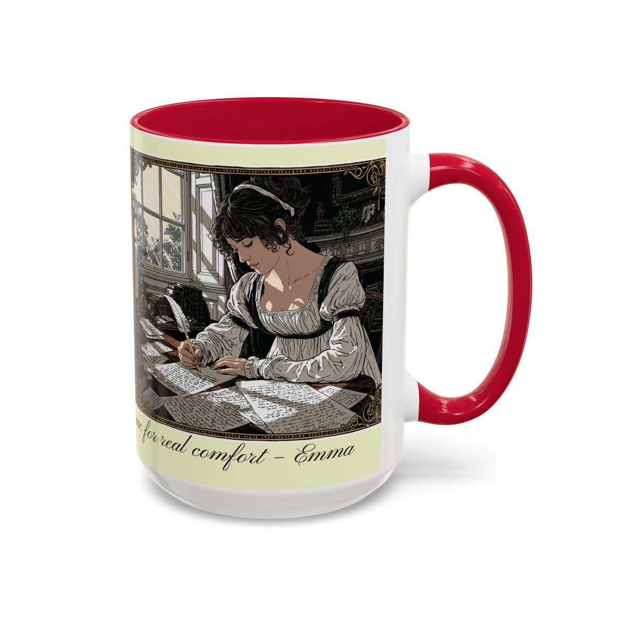 Regency Tea Quote Mug — 'Young Jane Austen Writing at Her Desk' Ceramic Coffee & Tea Cup (11oz/15oz)