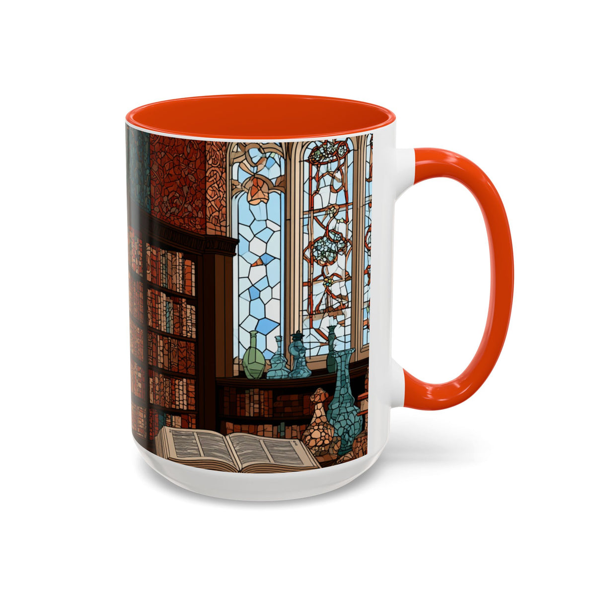 Cozy Library/Bookstore - Stained Glass Illustration Mug | Color Accent Ceramic Mug